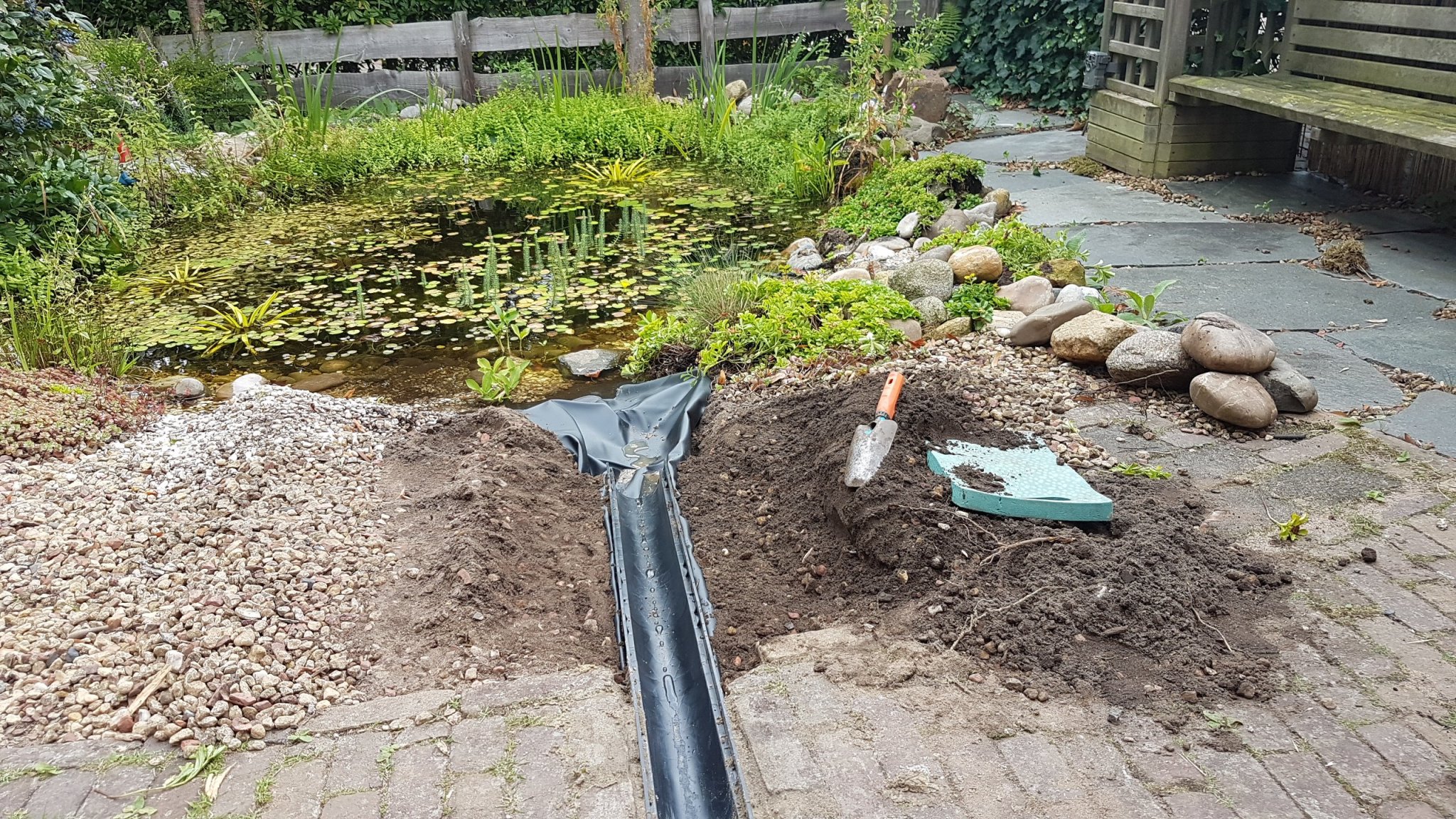 vijverfolie tussen de uitloop van de goot en de vijver